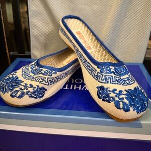 Blue and White Embroidered Women's Shoes